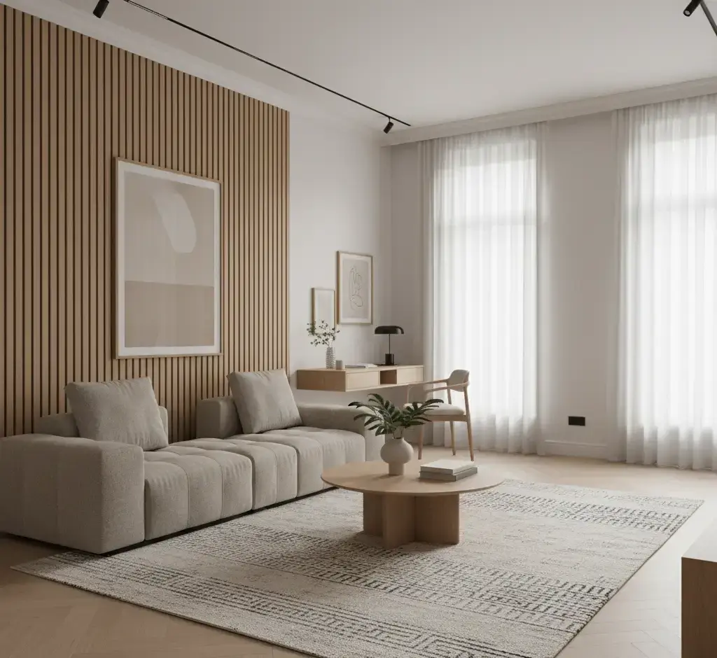 Minimalistisches Wohnzimmer mit warmen Neutrals