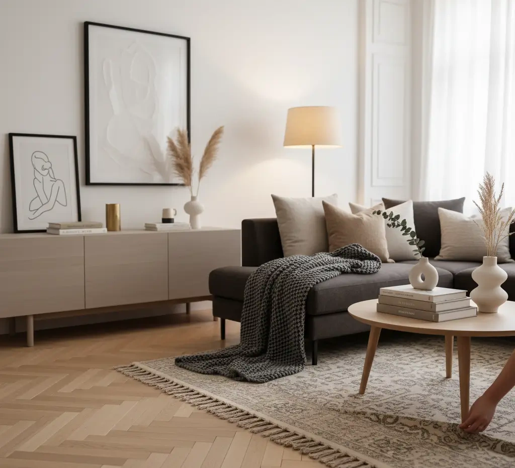 Gestylter Wohnbereich mit dezenten Dekoelementen